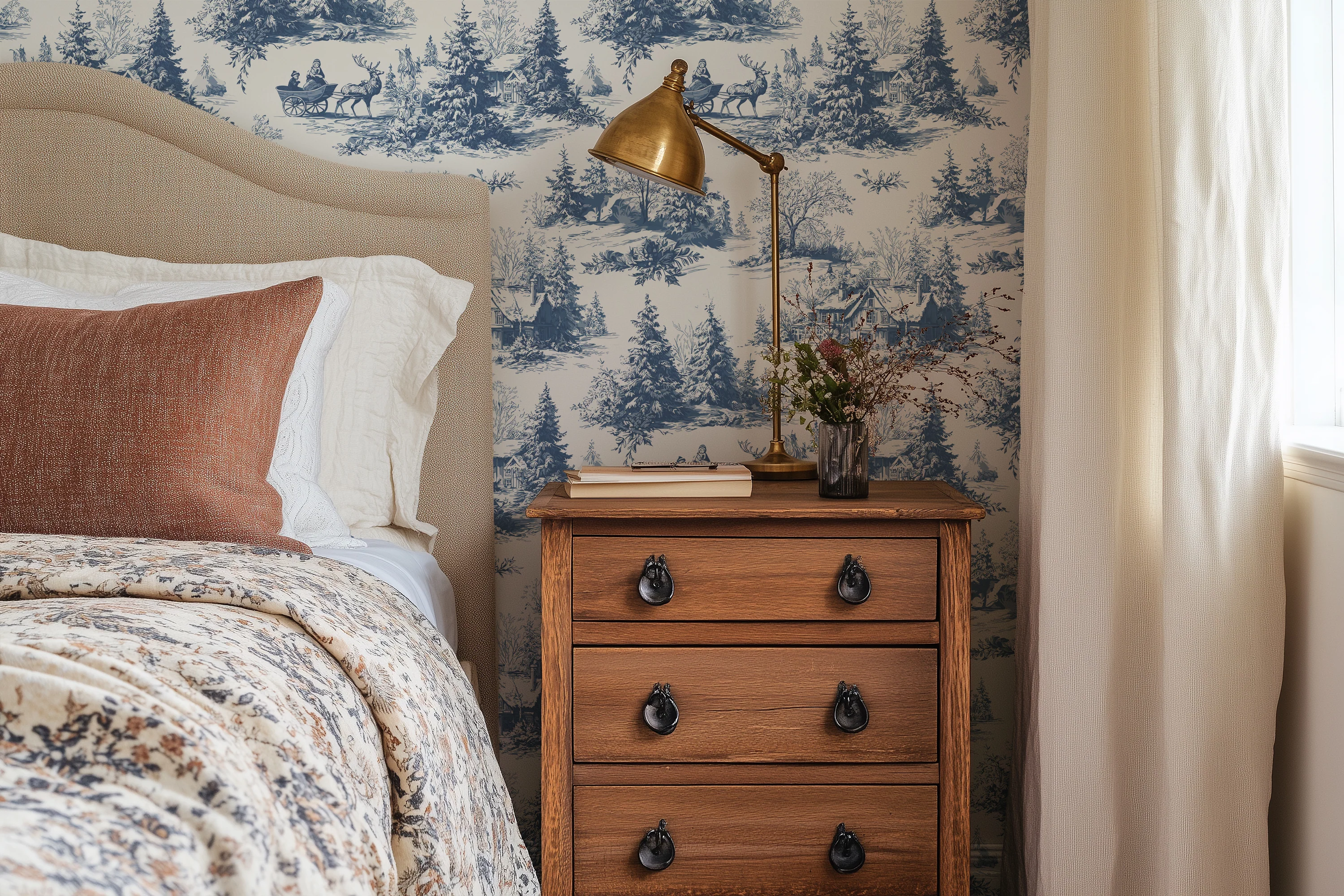 Beth - Classic Blue Toile Winter Village Snow Scene Pattern Wallpaper Mural - Image 3