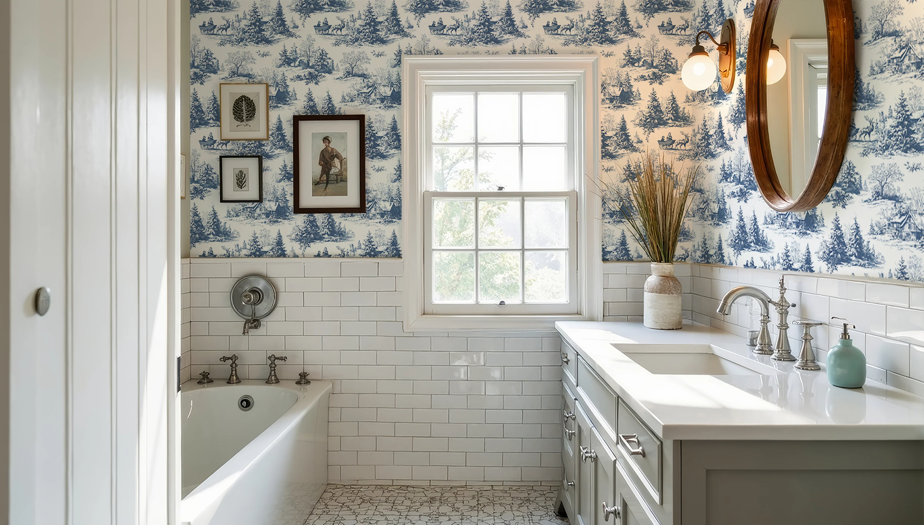 Beth - Classic Blue Toile Winter Village Snow Scene Pattern Wallpaper Mural - Image 5