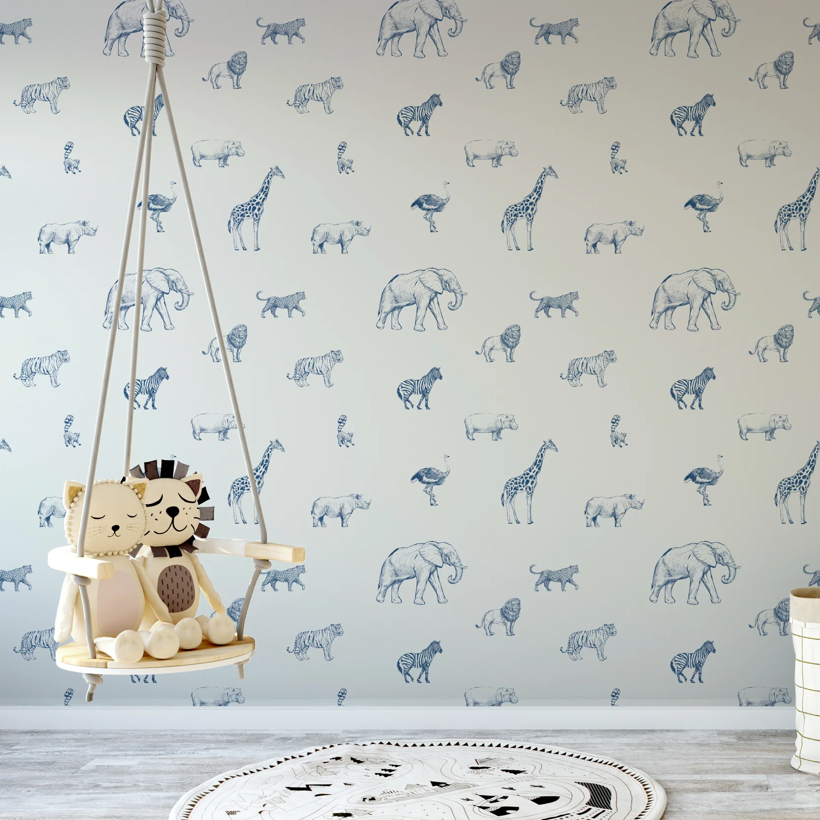 Safari Sketchbook Bluu - Blue & Cream Sketched Safari Animals Wallpaper - Image 4