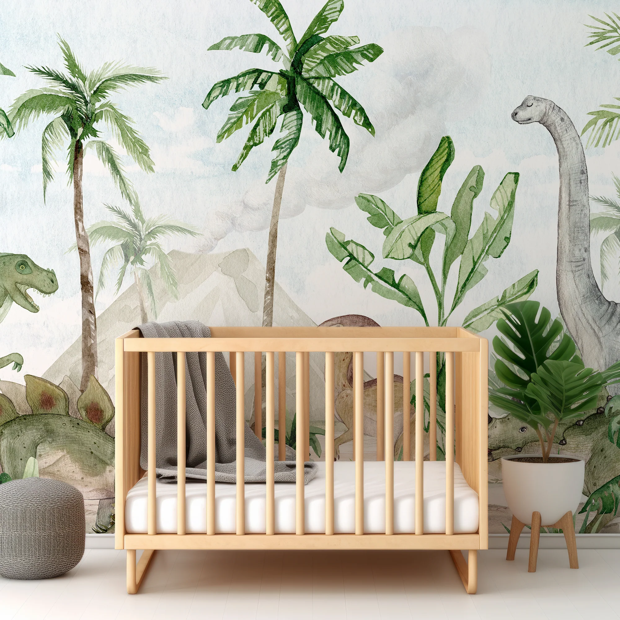 Dino Joy - Green Watercolour Dinosaur & Trees Wallpaper Mural - Image 3