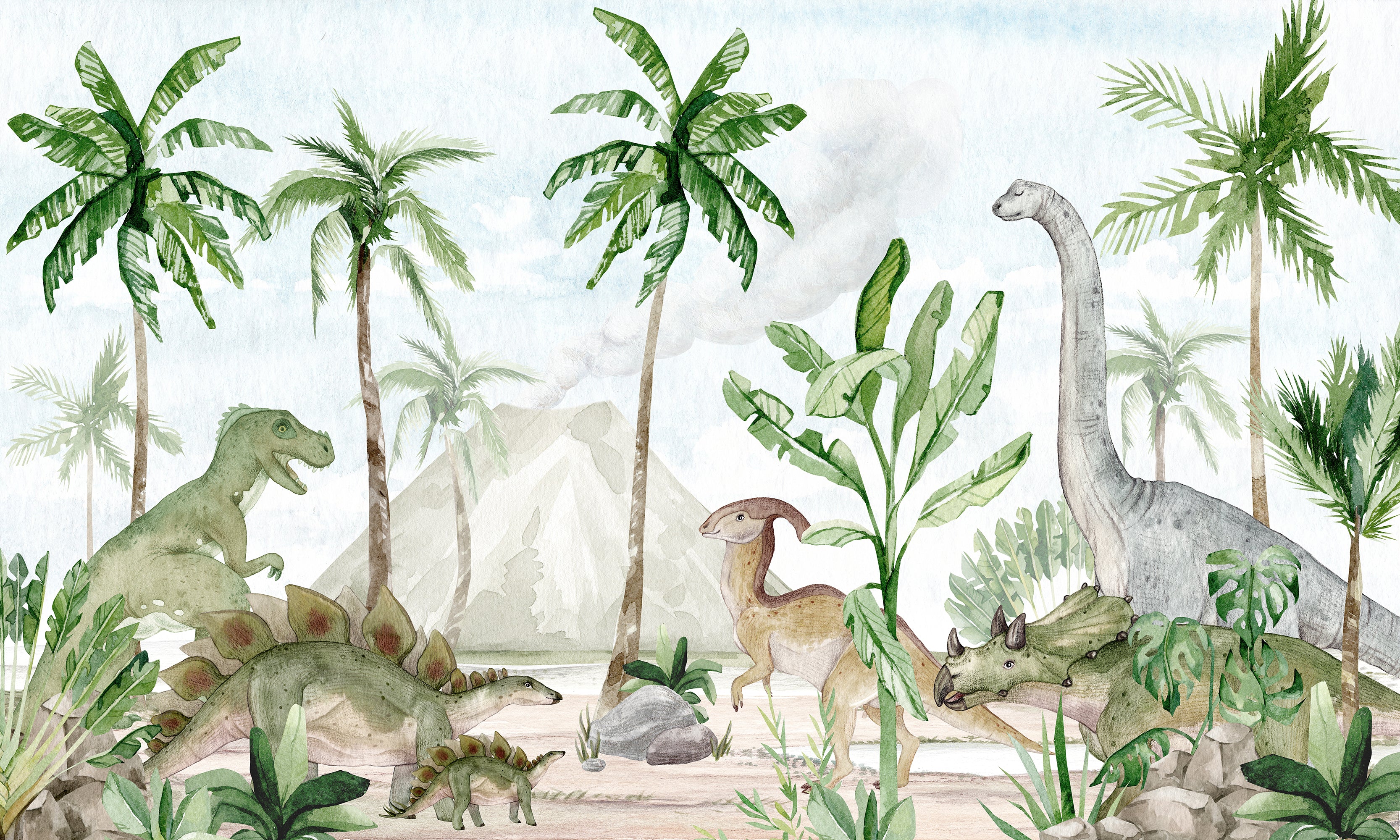 Dino Joy - Green Watercolour Dinosaur & Trees Wallpaper Mural - Image 4