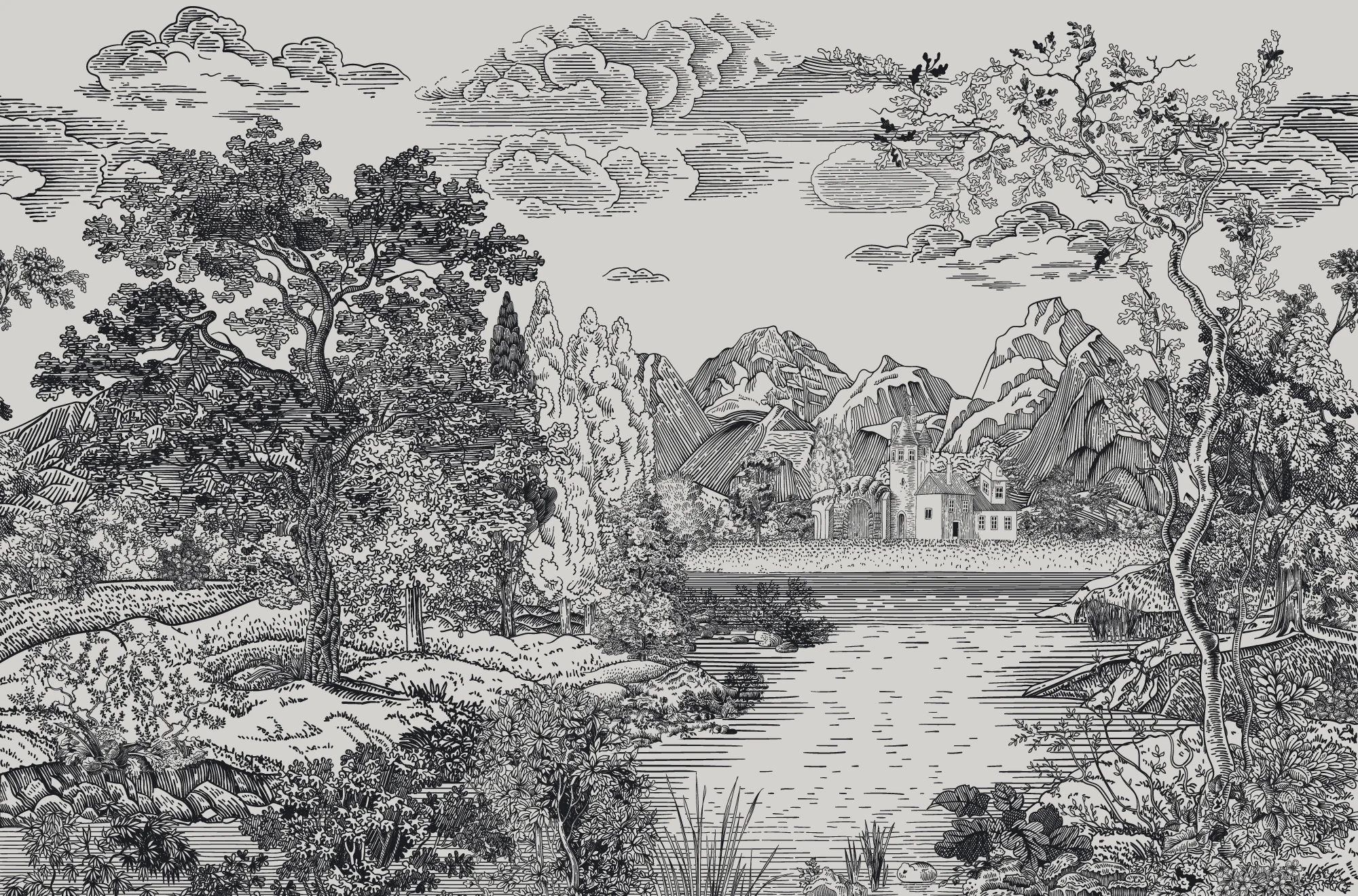 Castle Glade Mono - Black & White Castle By The Lake Wallpaper Mural - Image 3