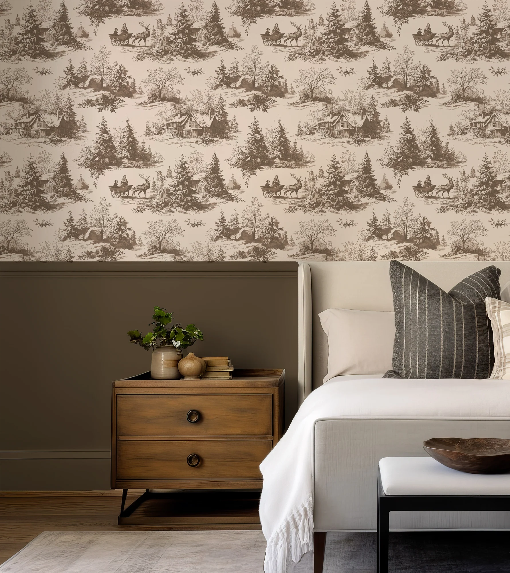 Natalie - Elegant Brown Scenic Winter Woodland Cottage Art Pattern Wallpaper Mural - Image 5